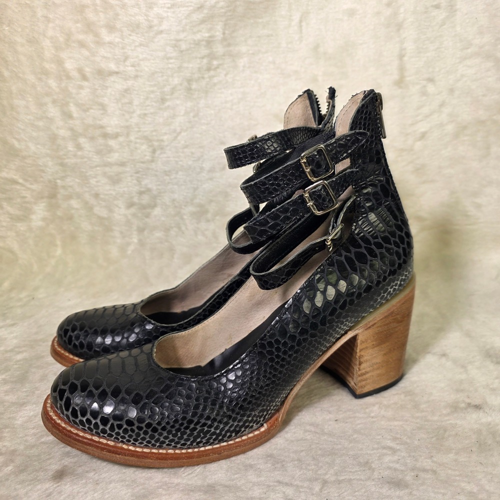 Freebird Randi Snakeskin Triple Buckle Pumps Boots Chunky Black Womens 10